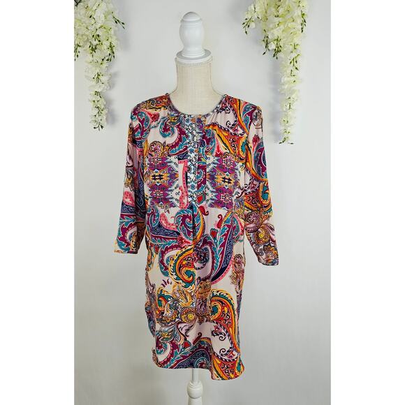 Fig & Flower Anthropologie Boho Paisley Tunic Dress Medium Colorful Spring Artsy - Picture 2 of 16